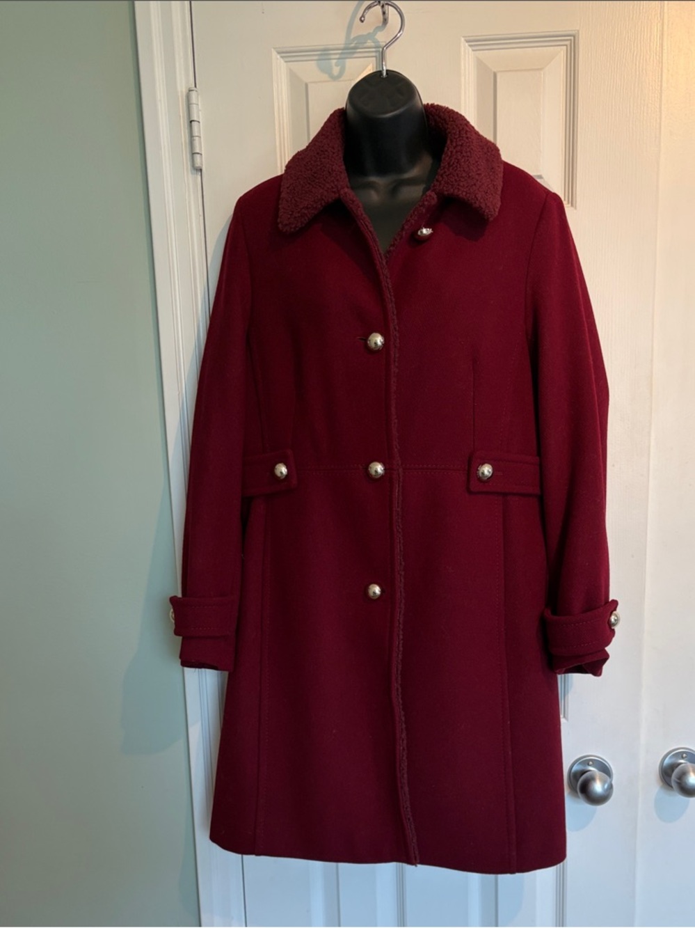 Kate Spade Women's Deep Burgundy Wool Coat with Gold-tone Buttons